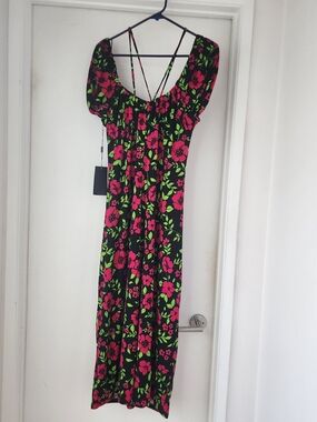 11 Honore Black Midi Dress with Pink Floral and Green Leaf Print